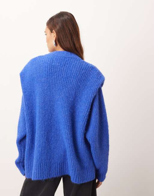 ARRANGE rib knit shoulder pad sweater in cobalt blue, 4 of 4