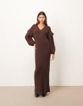 [ARRANGE] ARRANGE rib knit v neck maxi dress with shoulder detail in chocolate-Brown L Chocolate