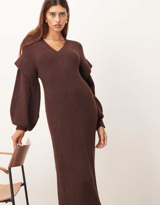 ARRANGE rib knit v neck maxi dress with shoulder detail in chocolate, 2 of 4