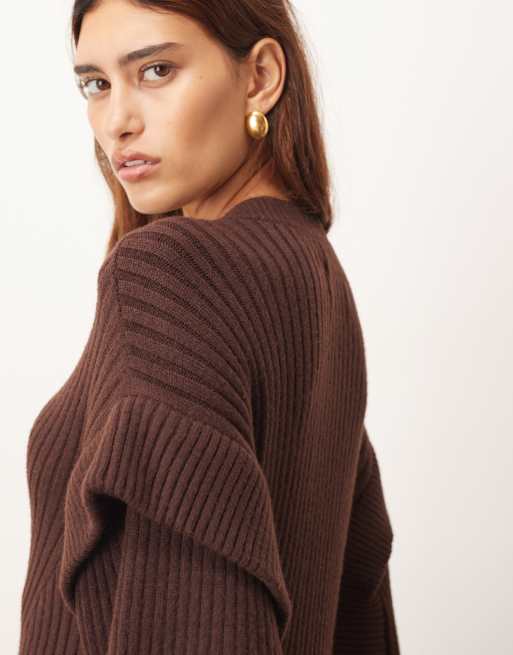 ARRANGE rib knit v neck maxi dress with shoulder detail in chocolate, 3 of 4