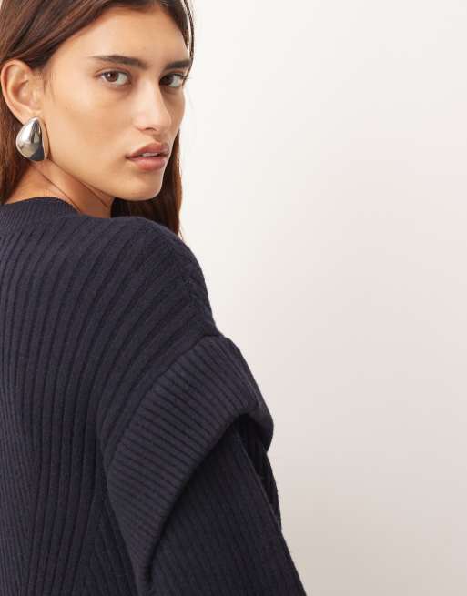 ARRANGE rib knit v neck maxi dress with shoulder detail in navy, 3 of 4