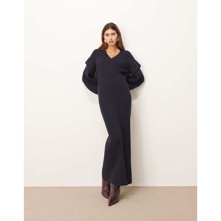 ARRANGE rib knit v neck maxi dress with shoulder detailing in navy