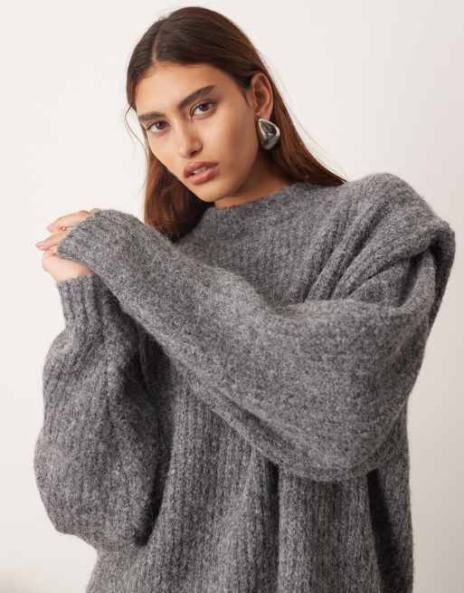 ARRANGE rib knitted shoulder pad jumper in charcoal, 2 of 4