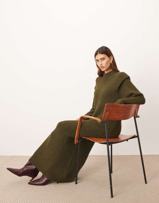 ARRANGE rib knitted shoulder pad midi dress in olive, 2 of 4