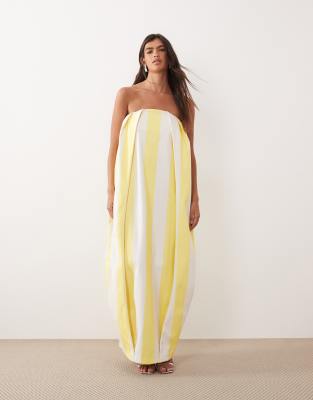 Robe bandeau longue coupe cocon à plis et rayures - Jaune-multicolore 46