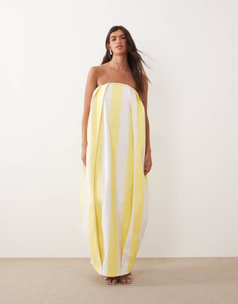 ARRANGE - Robe bandeau longue coupe cocon à plis et rayures - Jaune - view 1