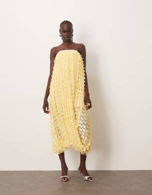 Robe bandeau mi-longue avec franges ornées de sequins et détail torsadé effet drapé - Babeurre-Jaune 32