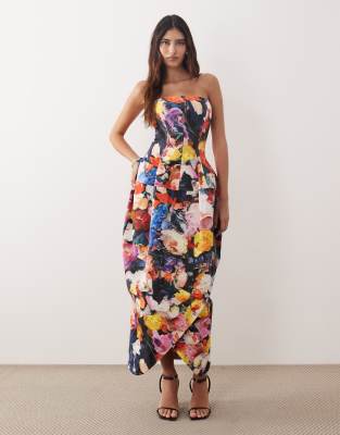 Robe bandeau mi-longue volumineuse et structurée à imprimé fleuri-Multicolore 32