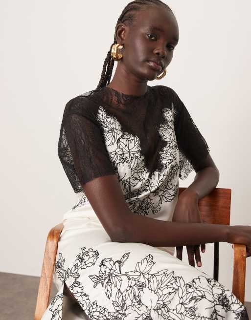 ARRANGE - Robe colonne mi-longue en satin et dentelle avec broderies appliquées - Ivoire, 2 de 4