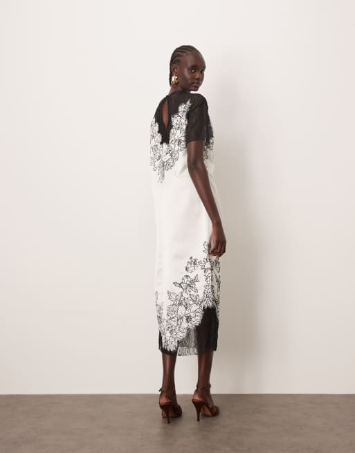 ARRANGE - Robe colonne mi-longue en satin et dentelle avec broderies appliquées - Ivoire, 3 de 4