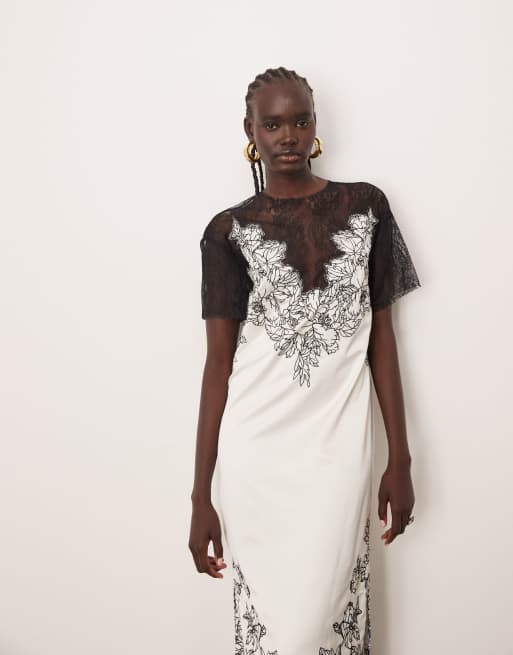 ARRANGE - Robe colonne mi-longue en satin et dentelle avec broderies appliquées - Ivoire, 4 de 4