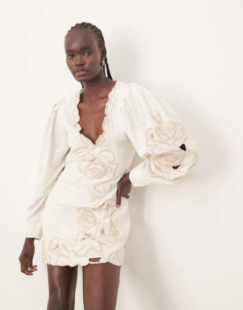 ARRANGE - Robe courte à manches volumineuses et fleurs ajourées - Blanc - view 1