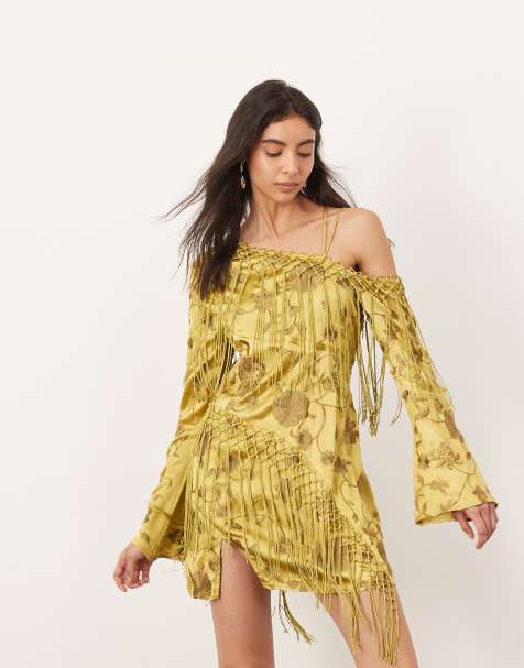 ARRANGE - Robe courte brodée à franges avec épaule dénudée et liens noués dans le dos - Olive - view 1