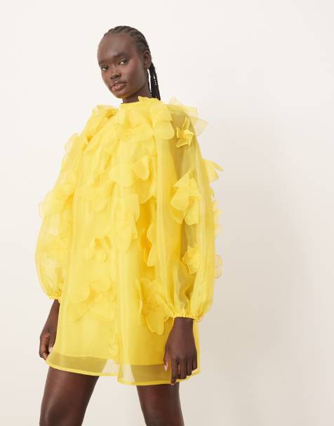 ARRANGE - Robe courte évasée en organza avec col montant et fleurs appliquées - Jaune - view 1