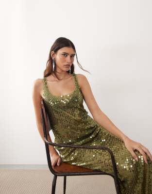 Robe débardeur mi-longue en tissu transparent à sequins ronds - Vert olive 42