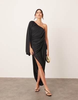 ARRANGE - Robe drapée longue et asymétrique avec jupe tulipe - Noir