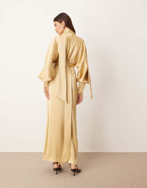ARRANGE - Robe droite portefeuille longue à manches blouson et foulard - Doré, 4 de 4
