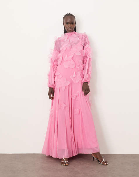 ARRANGE - Robe évasée longue avec encolure nouée et fleurs appliquées sur l'ensemble - Rose - view 1