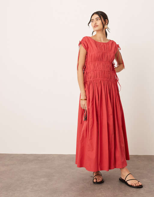 ARRANGE - Robe évasée mi-longue en coton épuré avec cordons de serrage et poches - Rouge délavé, 3 de 4