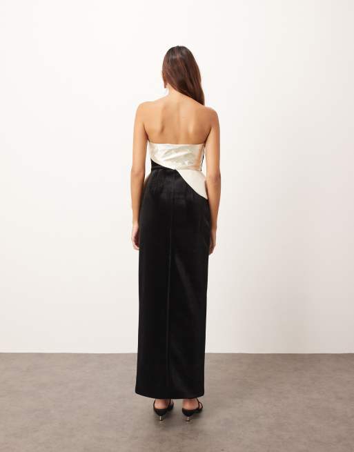 ARRANGE - Robe fourreau mi-longue structurée en velours avec basque en satin contrastant - Noir, 4 de 4