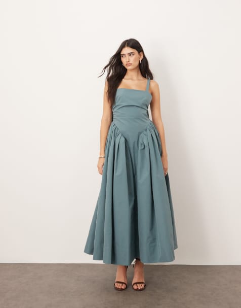 ARRANGE - Robe longue à bretelles et corsage froncé - Bleu cendré - view 1