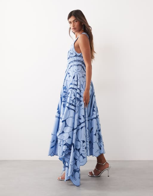 ARRANGE - Robe longue à broderies fleuries ajourées et ourlet carré - Bleu, 3 de 4
