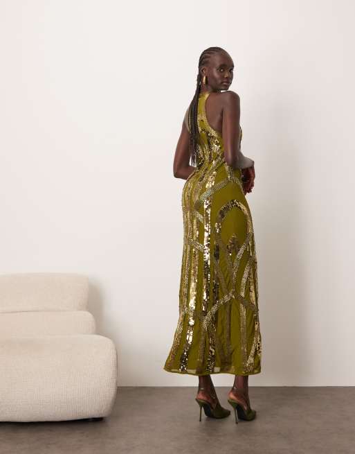 ARRANGE - Robe longue à dos nageur avec motif linéaire ornementé - Olive, 3 de 4