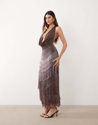 Robe longue à encolure bénitier plongeante et franges ornées de perles - Chocolat-Brown 44
