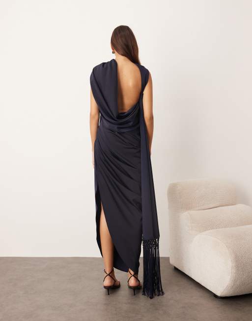 ARRANGE - Robe longue à foulard drapé sur l'encolure avec dos plongeant et traîne - Bleu marine, 3 de 4