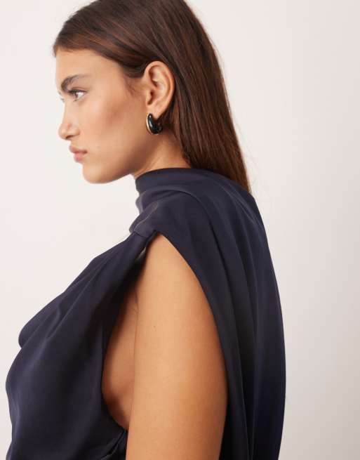 ARRANGE - Robe longue à foulard drapé sur l'encolure avec dos plongeant et traîne - Bleu marine, 4 de 4