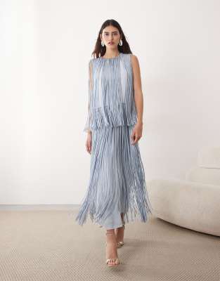 Robe longue à franges et volants étagés - Bleu pâle 36