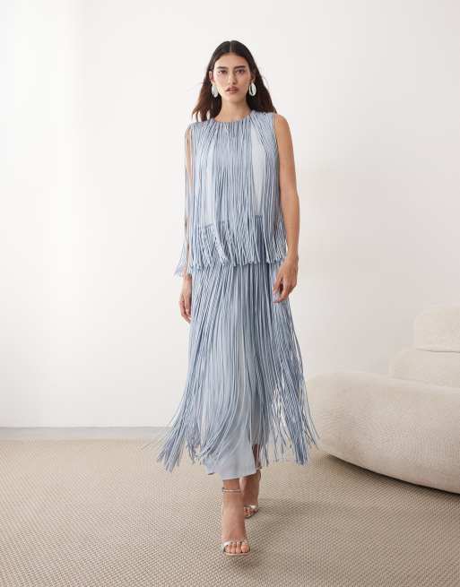 ARRANGE - Robe longue à franges et volants étagés - Bleu pâle