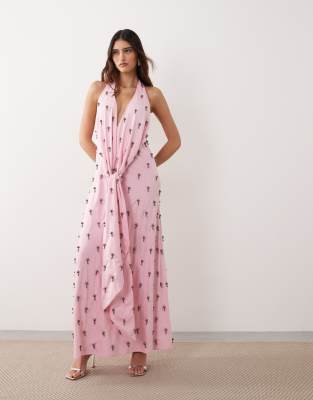 Robe longue à ornements avec décolleté plongeant et dos nu - Rose 42