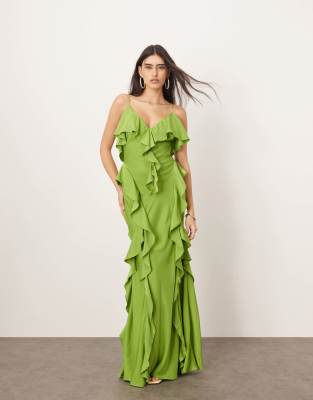 Robe longue à volants avec jupe coupée en biais - Vert 38