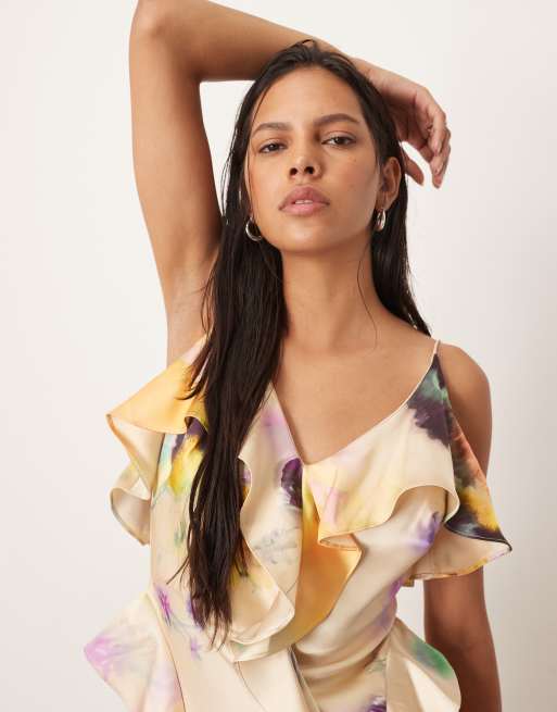 ARRANGE - Robe longue à volants et imprimé fleuri flou avec jupe coupée en biais, 2 de 4