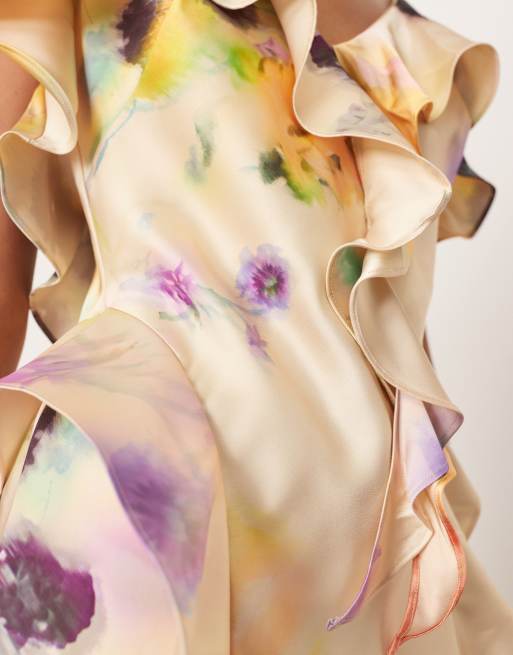 ARRANGE - Robe longue à volants et imprimé fleuri flou avec jupe coupée en biais, 3 de 4