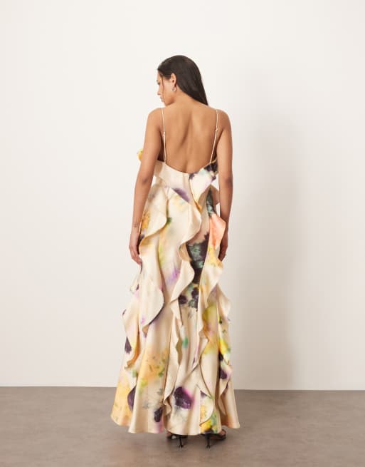 ARRANGE - Robe longue à volants et imprimé fleuri flou avec jupe coupée en biais, 4 de 4