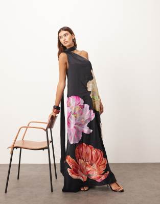 ARRANGE - Robe longue asymétrique à foulard et fleurs brodées oversize - Noir