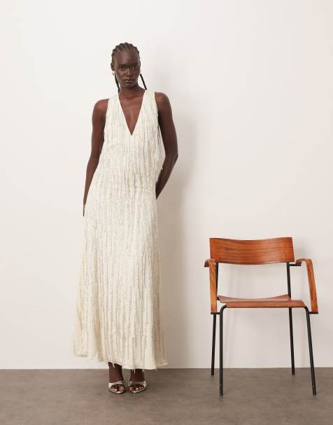 ARRANGE - Robe longue avec franges en perles et fentes - Blanc hivernal - view 1