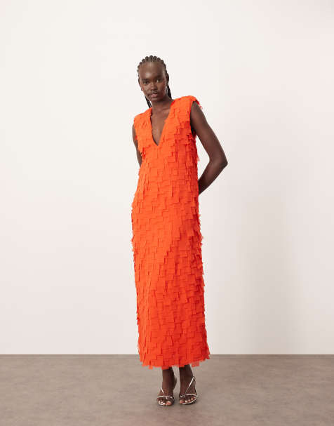 ARRANGE - Robe longue découpée au laser avec décolleté plongeant, épaulettes et poches - Rouge - view 1