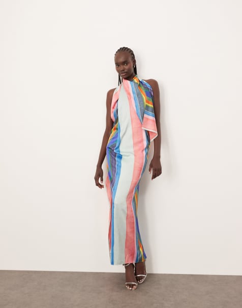 ARRANGE - Robe longue drapée à encolure haute en satin avec rayures effet peint - view 1