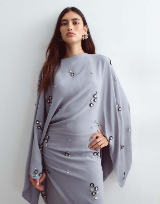 ARRANGE robe longue drapée à manches longues ornée de cristaux en bleu grisé, 2 de 4