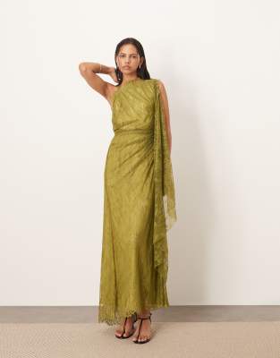 ARRANGE - Robe longue drapée dos nu en dentelle avec détails festonnés - Olive - view 1