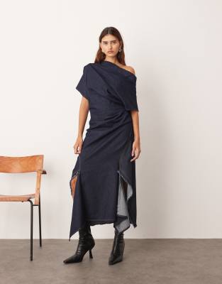 ARRANGE - Robe longue drapée en jean - Indigo-Bleu