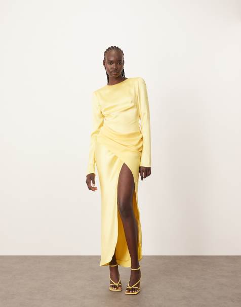 ARRANGE - Robe longue drapée satinée à dos ouvert - Jaune citron - view 1