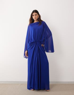 Robe longue drapée style grec à taille tombante et manches cape - Bleu de cobalt 32