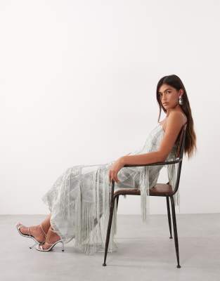 Robe longue droite à bretelles fines avec motif géométrique à franges - Bleu cendré 42