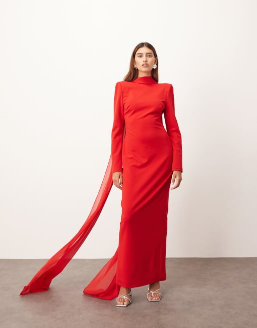 ARRANGE - Robe longue en crêpe structuré à manches longues avec superposition en mousseline - Rouge, 2 de 4
