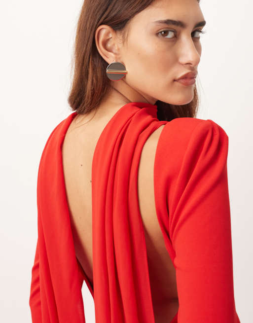 ARRANGE - Robe longue en crêpe structuré à manches longues avec superposition en mousseline - Rouge, 4 de 4