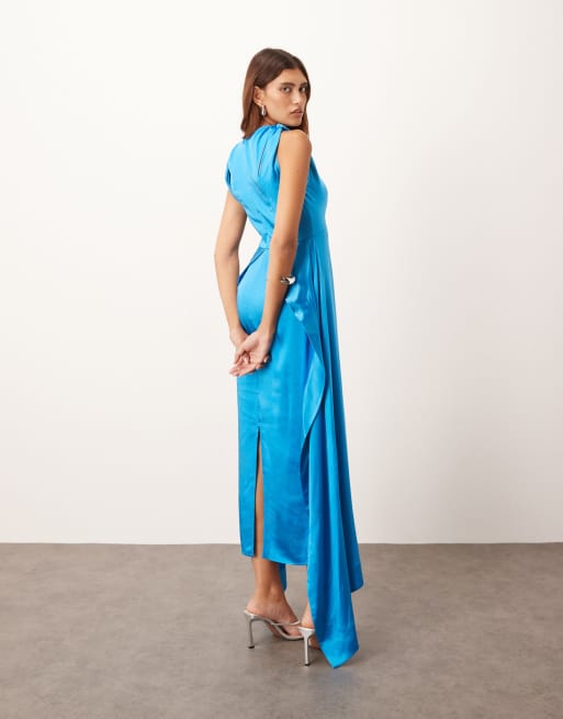 ARRANGE - Robe longue en satin à encolure carrée avec épaules torsadées - Bleu azur, 4 de 4